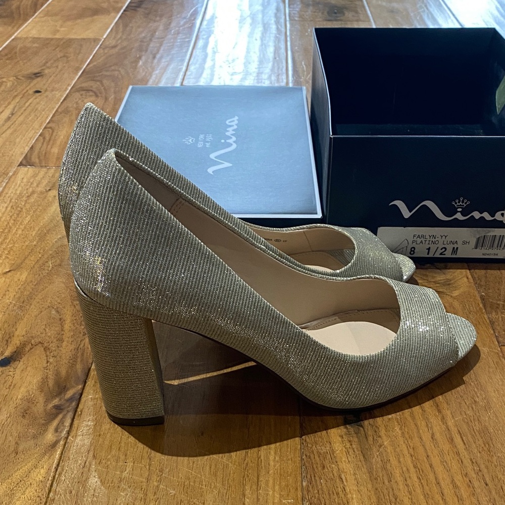 Nina Women's Glittering Silver Block Heels